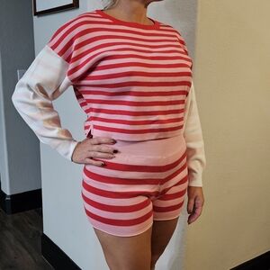 Cute Women's Red And White Striped Crewneck Sweater & Short Set Medium Christmas